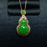 Natural Hetian Jade "Spinach Green" Gourd Pendant with Heavy 18K Gold & Diamond Setting