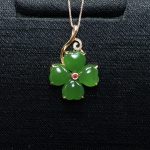 Natural Hetian Jade Four-Leaf Clover Pendant – Spinach Green with 18K Gold & Diamond Inlay